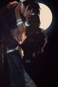 two people standing next to each other in front of a full moon with their arms around each other