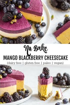 no bake mango blackberry cheesecake on a plate