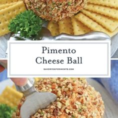 a cheese ball with crackers and parsley on top