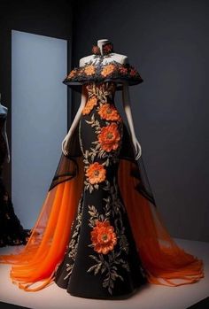 Mermaid Charro Dresses, Orange And Black Wedding Dress, Catrina Costume Dresses, Catrina Dress, Mariachi Outfit, Gaun Fashion, Mexican Dresses, Fantasy Gowns