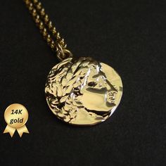 Solid 14k gold Apollo coin necklace, perfect gift for fans of Percy Jackson. This exquisite solid 14k gold Apollo coin necklace captures the timeless beauty and power of the ancient Greek god of the sun, music, healing and prophecy. The intricate design features Apollo's iconic profile, symbolizing light, knowledge, and inspiration. Crafted with meticulous attention to detail, this necklace is a stunning tribute to the artistry and mythology of ancient Greece. Perfect for those who appreciate th Gold Coin Necklace With Polished Finish As Gift, Gold Coin Necklace Gift, Symbolic Yellow Gold Plated Coin Necklace, Symbolic Gold Plated Coin Necklace In Yellow Gold, Luxury 14k Gold Tarnish Resistant Coin Necklace, Luxury 14k Gold Tarnish-resistant Coin Necklace, Gold Collectible Medallion Necklace, Luxury 14k Gold Coin Necklace As Gift, Luxury 14k Gold Coin Necklace For Gift