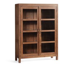 a wooden cabinet with glass doors and shelves