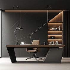 an office with a desk, chair and bookcase in black and brown tones is shown