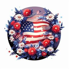 an american flag surrounded by flowers and stars in the shape of a wreath on a white background