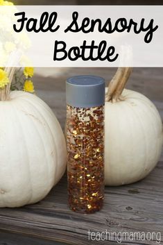 two white pumpkins sitting next to each other with text overlay that says fall sensory bottle