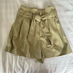 Zara Light Green / Khaki Pleather Shorts Bow Tie To Adjust Fit Features Zipper + Buckle Size Xs New With Tags Nwt High Waisted Chic Going Out Shorts With Belt Loops, Spring Party Shorts With Belt Loops, Chic Fitted Khaki Shorts, Chic Khaki Shorts For Spring, Chic High-waisted Khaki Shorts, Elegant Fall Shorts For Day Out, Elegant Fall Day Out Shorts, Going Out Shorts With Belt Loops, Chic Khaki Shorts