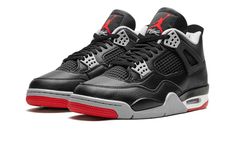 The Air Jordan 4 "Bred Reimagined" is an iconic and original colorway of the fourth Air Jordan sneaker that replicates the model’s original design.  The “Bred Reimagined” was released by Jordan Brand in February 2024 to celebrate the legendary Jordan 4’s 35th anniversary.  Dressed in the same color block as the original version from 1989, the “Bred Reimagined” mimics the look of the OG Jordan 4 “Bred” with accurate-to-original panels, colors, and overall shape.  However, the design does differ from the original “Bred” Air Jordan 4 by featuring a tumbled leather upper instead of the OG’s nubuck construction.  Cement Grey plastic eyelets contrast the look on the front of the shoe.  On the back, Cement Grey “Nike Air” branding gives the sneaker a classic look.  A red Jumpman and “Flight” bran Air Jordan 4 Bred, Jordan 4 Retro Bred, Jordan 4 Bred, Jordan 4’s, Shoe Palace, Jordan 4s, Black Cement, Black Fire, Cement Gray