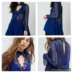 The New Tell Tale Lace Long Sleeve Tunic By Free People Features A Cut Out Neckline, Flared Cuffs, A Lace Design, A Loose Fit, Two Button And Loop Closures Behind The Neck With A Keyhole Cutout, And A Woven Bottom Half. Blue Lace Trim Blouse For Fall, Fall Blue Blouse With Lace Trim, Blue Lace Blouse For Spring, White Lace Tunic, Boho Tunic Dress, White Tunic Tops, Green Long Sleeve Top, Girls Tunics, Tie Dye Tunics