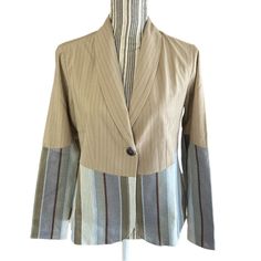 Nwot, Layering Blazer Jacket In Natural Tones With Striking Double Stripes, Fully Lined, One Button. Size Is 4, Please See Measurements Seems To Run Bigger. Approximate Measurements Pit To Pit:20.5” Shoulder To Hem: 24” Fitted Beige Patchwork Outerwear, Patchwork Blazer For Workwear In Fall, Beige Long Sleeve Blazer For Layering, Fitted Beige Blazer For Layering, Stripe Blazer, Jacket Beige, Striped Blazer, Natural Tones, Beige Brown