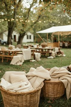 two wicker baskets filled with blankets sitting on top of a grass covered field next to picnic tables