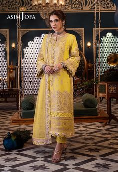 Shirt: Lawn By Pcs: 3 Pcs Trouser: Cambric Dupatta: Chiffon Color: Yellow Product Details Shine bright like the sun in this gleaming yellow ensemble adorned with antique gold zari work and radiant 3mm sequins. Like beams of sunshine, the dull beige threadwork adds warmth and depth to the fabric. With embroidered panels and back, this ensemble captures the essence of a sunny day. The embroidered border for the daman and sleeves with borders glisten with sophistication while the embroidered motifs Pakistani Dresses Party, Suit Indian, Mehndi Outfits, Pakistani Boutique, Pakistani Designer Clothes, Asim Jofa, Chiffon Collection, Embroidered Border, Modest Wear