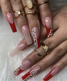 Red With Leopard Print Nails, Red Nails With Animal Print, Leapord Nails Acrylic Red, Cheata Nails Red, Red Lepord Print Nail, Safari Nails, Nail Pics, 2024 Nails, Ombre Nail Designs