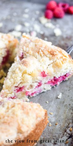 A slice of raspberry coffee cake Raspberry Coffee Cake, Blueberry Buckle Recipe, Cake And Sweets, Raspberry Breakfast, Raspberry Coffee Cakes, Raspberry Coffee, The View From Great Island, Butter Coffee