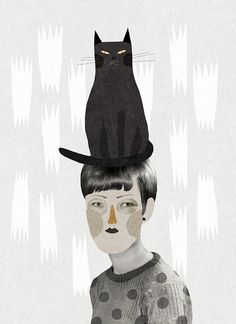 a black cat sitting on top of a woman's head in front of an abstract background