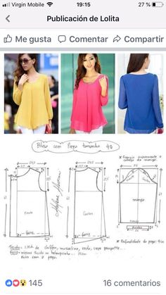 three different styles of blouses, one in yellow and the other in blue with sleeves