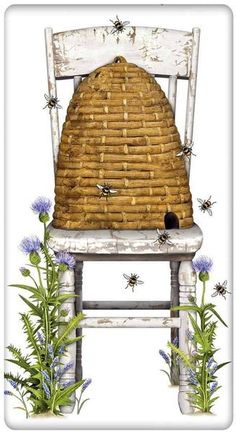 a bee house sitting on top of a wooden chair