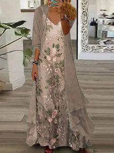 Plain V Neck Casual Jumpsuit | justfashionnow Chiffon Jacket, Wedding Options, Bride Outfits, Mode Boho, Grey Maxi Dress, Flower Skirt, Floral Print Maxi Dress, Floral Print Maxi, Chiffon Long Sleeve