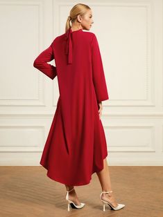 Stand Collar Dress, Solid Midi Dress, Nature Dress, Mock Neck Long Sleeve, Midi Dress Casual, Dress Silhouette, Daily Dress, Loose Dress, Types Of Dresses