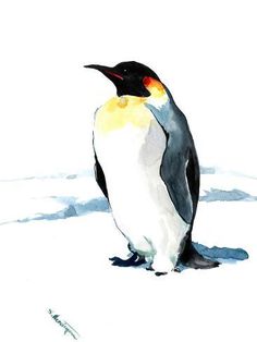 a watercolor painting of a penguin standing in the snow with its head turned to the side