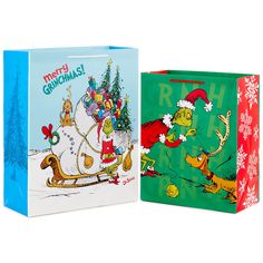 two christmas gift bags with dr seuss and the grinch on them are shown