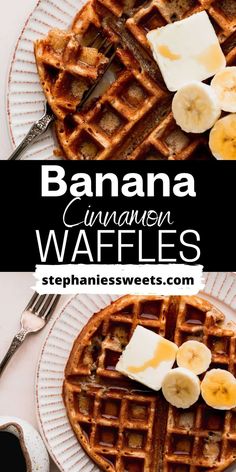 banana cinnamon waffles on a plate with butter and syrup in the middle, topped with sliced bananas