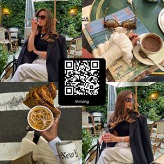 a collage of photos with people eating food and drinking coffee in the city,