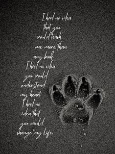 a black and white photo with an animal's paw in the snow, written on it