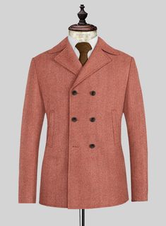 Perfectly suited for your social calendar - our exceptional Naples Wide Herringbone Carmine Pink Tweed Pea Coat is exquisitely designed in a refined carmine pink shade. Crafted from pure wool fabric, it embodies timeless elegance through its intricate herringbone texture while offering utmost comfort. Seamlessly integrate this pea coat into your formal collection for weddings and festive occasions.   Look Includes     Naples Wide Herringbone Carmine Pink Tweed  Fabric   Horn Brown  Buttons  Sid White Linen Suit, Harris Tweed Fabric, Herringbone Texture, Light Grey Suits, Social Calendar, Tweed Pants, Scottish Fashion, Pink Tweed, Linen Suits