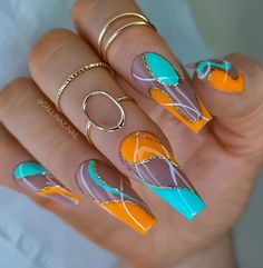 Orange Nails Ideas Summer, Orange And Blue Nails Design, Orange And Teal Nails, Teal And Orange Nails, Blue And Orange Nails Designs, Blue Orange Nails, Orange And Blue Nails, Unusual Nail Designs