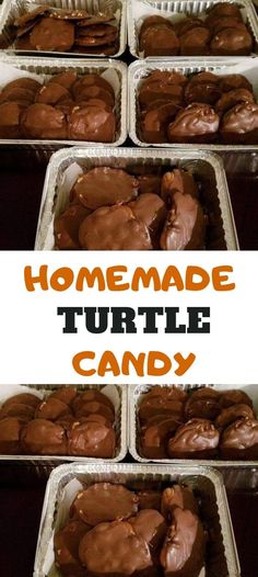 homemade turtle candy in plastic containers with text overlay that says homemade turtle candy recipe