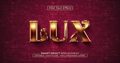 the word lux is made up of shiny gold letters on a dark red background