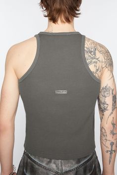 Tank top is cut to a fitted unisex fit and below waist length. Crafted from waffle with a garment-dyed finish. Detailed with an Acne Studios logo patch on the centre back. Suit Jacket Dress, Training Clothes, Denim Gift, Cotton Tank Top, Shoes With Jeans, Clothes Collection, Waist Length, Tank Shirt, Tank Top Shirt