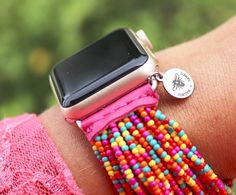 PLEASE read ENTIRE listing BEFORE purchasing These gorgeous custom watch bands are the perfect arm candy for your Apple Watch! Choose your color scheme and you're ready to rock your arm stack, watch in tow! Note: *These bands fit 38mm and 40mm Apple Watch faces ONLY and are ONE SIZE to fit an average-large sized wrist. I do not offer custom sizes, so please be sure that this band will work for you prior to purchasing. *Stretching the band over the user's hand is not recommended as this could bre Customizable Adjustable Apple Watch Band As Gift, Adjustable Multicolor Bracelet Strap Watch Bands, Adjustable Multicolor Apple Watch Band As A Gift, Multicolor Adjustable Apple Watch Band Gift, Adjustable Multicolor Watch Bands As Gift, Adjustable Multicolor Watch Band As Gift, Gift Multicolor Adjustable Apple Watch Band, Handmade Adjustable Pink Watch Bands, Handmade Pink Watch Bands As Gift