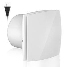 a white wall mounted exhaust fan with an extension cord attached to the back of it