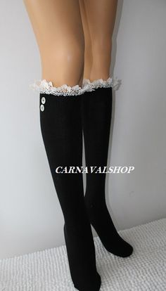 Black Socks Boot socks  machine knit lace trim and button leg warmers Outdoors Gift Beauty Gift Clot Fitted Lace Trim Socks For Winter, Fitted Lace Trim Winter Socks, Black Sock Boots, Bandeau Swimwear, Machine Knit, Hot Pink Floral, Mermaid Outfit, Knit Lace, Black Socks