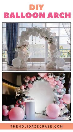 balloon arch with pink, white and grey balloons