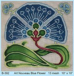 a cross stitch pattern with an image of a green plant and blue fan on it