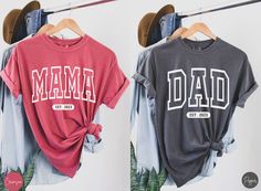 "Comfort Color Mama and Dad Couples Shirt, Father's Day Gift for New Dad, Mother's Day Gift for New Mom, Dad to Be Gift, Trendy Mommy and Daddy Shirts, Pregnancy Reveal Tees, Matching Baby Shower Shirts ✧ WHY YOU'LL LOVE IT ✧ ⋒ Comfort Colors® tees are garment-dyed shirts that are timeless classics and will never pile. ⋒ Trendy retro vintage look and gorgeous colors. ⋒ Amazingly soft and comfy. Perfect with any shorts, skirts, jeans, leggings, or nothing but undies around the house. ⋒ Created wi Casual Red Top For Family Occasions, Mom And Dad Shirts, Dad And Baby Shirts Matching, Bump Friendly Family Matching Cotton T-shirt, Mom And Dad Shirts Pregnancy, Baby Shower Shirts, Oversized T Shirt Dress, Pregnancy Announcement Shirt, Gifts For New Dads