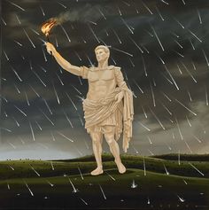 a painting of a man holding a torch in his hand while standing under a cloudy sky