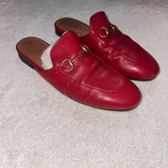 Red Leather Women’s Gucci Mules Size 37 1/2 Gucci Mules With Leather Sole And Calf Leather, Gucci Calf Leather Mules With Leather Sole, Gucci Classic Leather Mules, Classic Gucci Leather Mules, Gucci Mules With Leather Sole And Round Toe, Gucci Leather Mules, Gucci Leather Slip-on Mules, Red Formal Slip-on Mules, Gucci Leather Mules With Round Toe