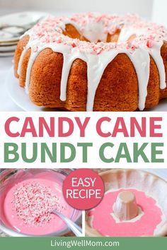 a bundt cake with white icing and sprinkles on top, next to a photo of the bundt cake