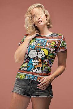 This adorable crop top features a medley of whimsical stickers in a delightful collection of cartoons. From cute animals to quirky characters, this Toon Pattern Crop top is a perfect addition to any fun and playful outfit. The y2k vintage crop top has breathable material and is a comfortable fit makes it perfect for a day out or a cozy night in. Stand out with this unique Baby Tee and  2000's inspired eye-catching design that showcases your love for all things fun and playful. Perfect for any toon-loving fashionista and makes it a perfect gift for her! * 95% polyester, 5% elastane (fabric composition may vary by 1%) * Premium knit mid-weight jersey * Four-way stretch fabric that stretches and recovers on the cross and lengthwise grains * Regular fit * Blank product components in the US and Playful Spring T-shirt With All Over Print, Fitted Multicolor Cartoon Print Tops, Fitted Multicolor Tops With Cartoon Print, Vintage Multicolor Top With Cartoon Print, Vintage Multicolor Tops With Cartoon Print, Multicolor Cartoon Print Y2k Tops, Fun Multicolor Cartoon Print Tops, Fitted Playful T-shirt With Cartoon Print, Cotton Tops With Multicolor Cartoon Print