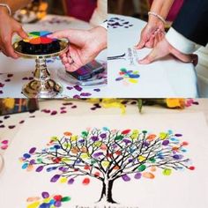 two pictures of people cutting and decorating a tree with colorful confetti on it