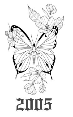 a black and white drawing of a butterfly with flowers