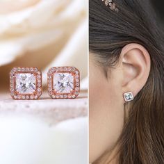 bridal earrings, stud earrings, wedding earrings, bridal jewelry, rose gold earrings, wedding accessories ► Spend $200 | Receive 10% OFF Your Order with Code: 10OFF200 ► Please note in your order when your wedding date is Sparkly Radiant Cut Cubic Zirconia studs set in 14K Rose Gold. These studs are chic in design and shimmer from every angle. MATERIALS + MEASUREMENTS: - .925 Sterling Silver, 14K Gold or Rose Gold plated over Sterling Silver - Cubic Zirconia Pave crystals - Height 9MM, Width 9MM Rose Gold Cubic Zirconia Diamond Earrings For Wedding, Wedding Bridal Earrings In Rose Gold With Halo Design, Rose Gold Cubic Zirconia Bridal Earrings For Evening, Rose Gold Halo Bridal Earrings For Wedding, Elegant Rose Gold Cluster Earrings With Cubic Zirconia, Elegant Rose Gold Cubic Zirconia Cluster Earrings, Rose Gold Cubic Zirconia Earrings For Wedding, Rose Gold Cubic Zirconia Wedding Earrings, Classic Rose Gold Bridal Earrings For Wedding