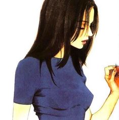 a drawing of a woman in blue shirt holding a red object up to her face