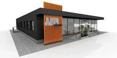 an orange and black building with stairs leading up to it