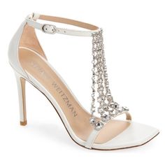 White Rhinestone Sandals For Formal Occasions, Wedding Leather Sandals With Rhinestones, White Embellished Sandals For Gala, Designer White Heels With Rhinestones, White Designer Heels With Rhinestones, Glamorous White Embellished Sandals, Elegant White Sandals With Rhinestones, White Rhinestone Heels For Gala, Glamorous White Sandals For Cocktail