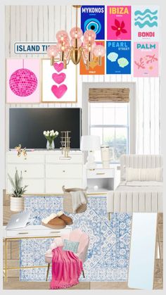 the interior of a room with pink, blue and white decor on the walls in it