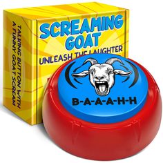 a red and blue ball next to a yellow box with the words screaming goat on it